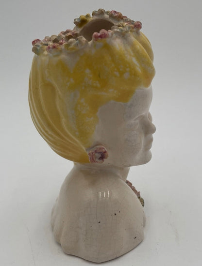 1950s Porcelain Lady Head Vase 4.5" Blonde Floral Headband & Earrings - Vintosh Vintage