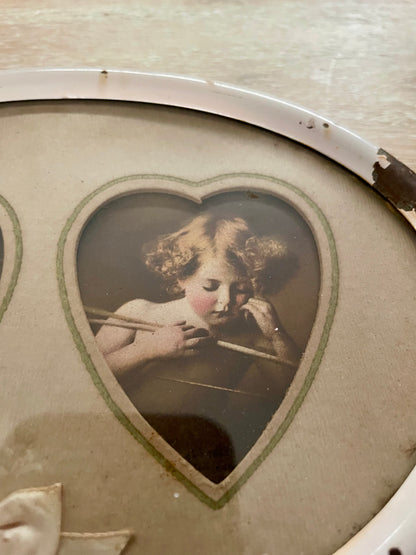 Antique Pink Metal Oval Frame w/ Cupid Awake & Cupid Asleep Heart Shape Sage Matte - Vintosh Vintage