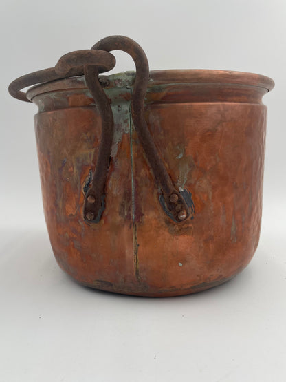 Antique Primitive Hand Crafted Hammered Copper Cauldron Kettle w/ Forged Iron Handle 6.5" - Vintosh Vintage