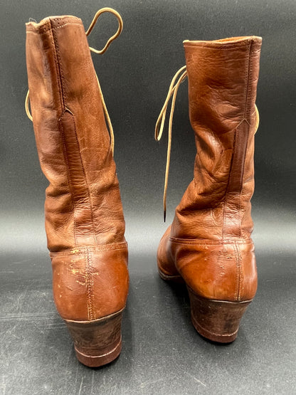Antique Ladies Victorian Shoes Brown Leather High-Top Lace Up 2" Heels
