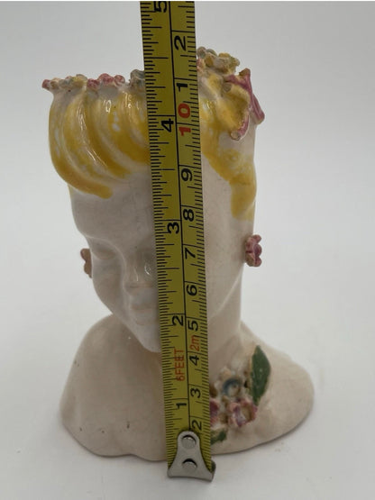 1950s Porcelain Lady Head Vase 4.5" Blonde Floral Headband & Earrings - Vintosh Vintage
