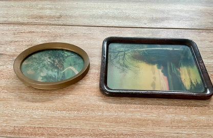 Set of Two Antique Glass Picture Frames of Sunset Stream Birch Tree & Log Cabin in Meadow - Vintosh Vintage