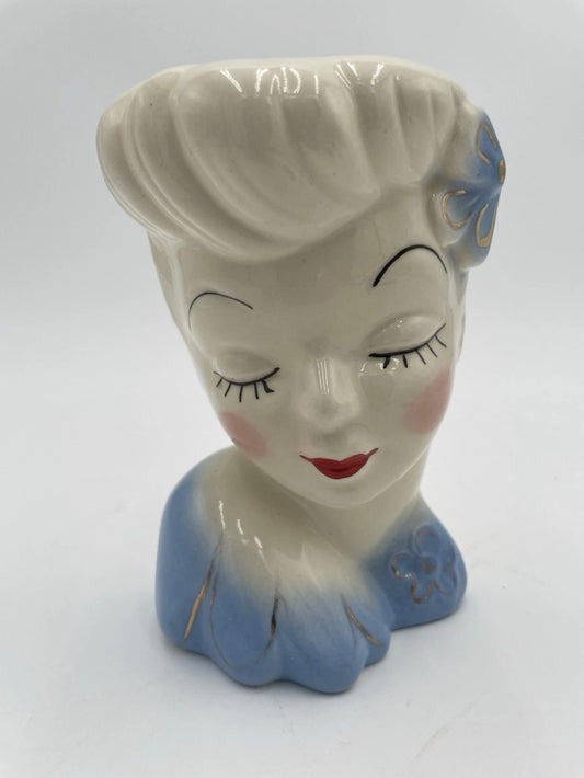 Vintage 6" Glamour Girl Head Vase Wall Pocket Blue & Gold Accent USA - Vintosh Vintage