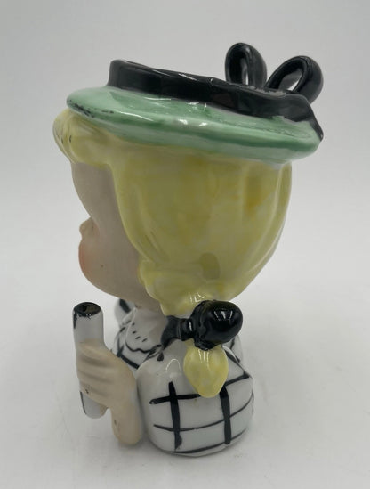 1950s Royal Sealy Head Vase Blond Girl w/ Pigtails & Plaid Dress Japan 4.75" - Vintosh Vintage