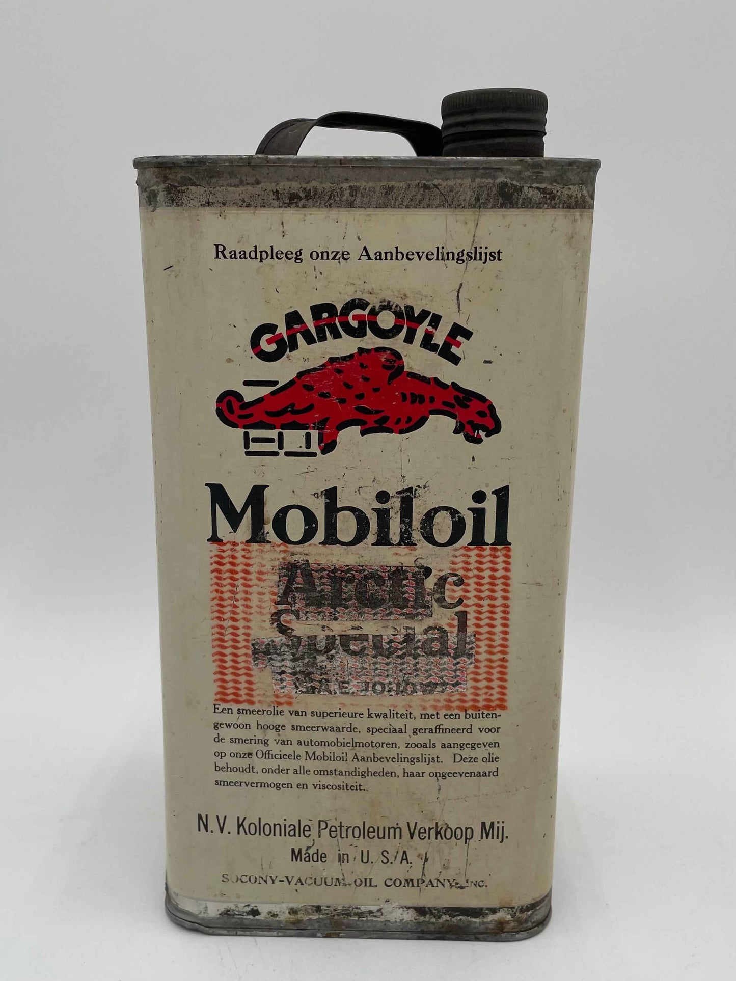 Vintage Gargoyle Mobiloil "Arctic Special" 1 Gallon Oil Can Dutch
Language Text