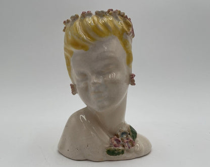 1950s Porcelain Lady Head Vase 4.5" Blonde Floral Headband & Earrings - Vintosh Vintage