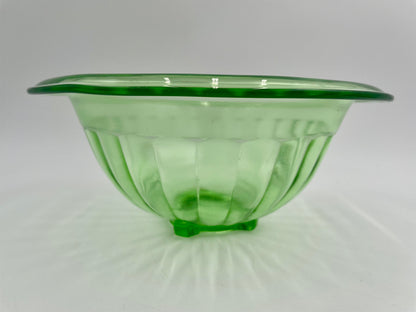 1930s Hazel Atlas Ribbed Uranium Glass 8.5" Footed Mixing Bowl W/Edge (D1) - Vintosh Vintage