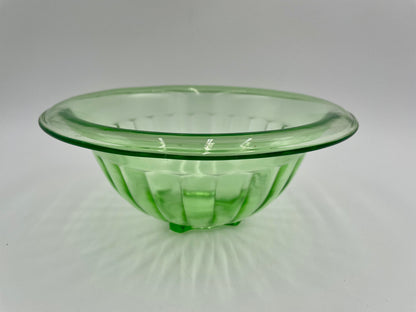 1930s Hazel Atlas Ribbed Uranium Glass 8.5" Footed Mixing Bowl W/Edge (D1) - Vintosh Vintage