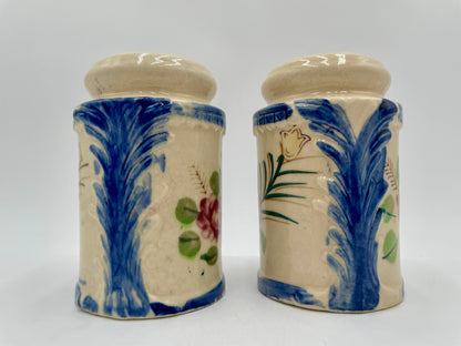 Vintage Large Ceramic Salt & Pepper Shakers Hand Painted Floral & Cobalt Blue - Japan