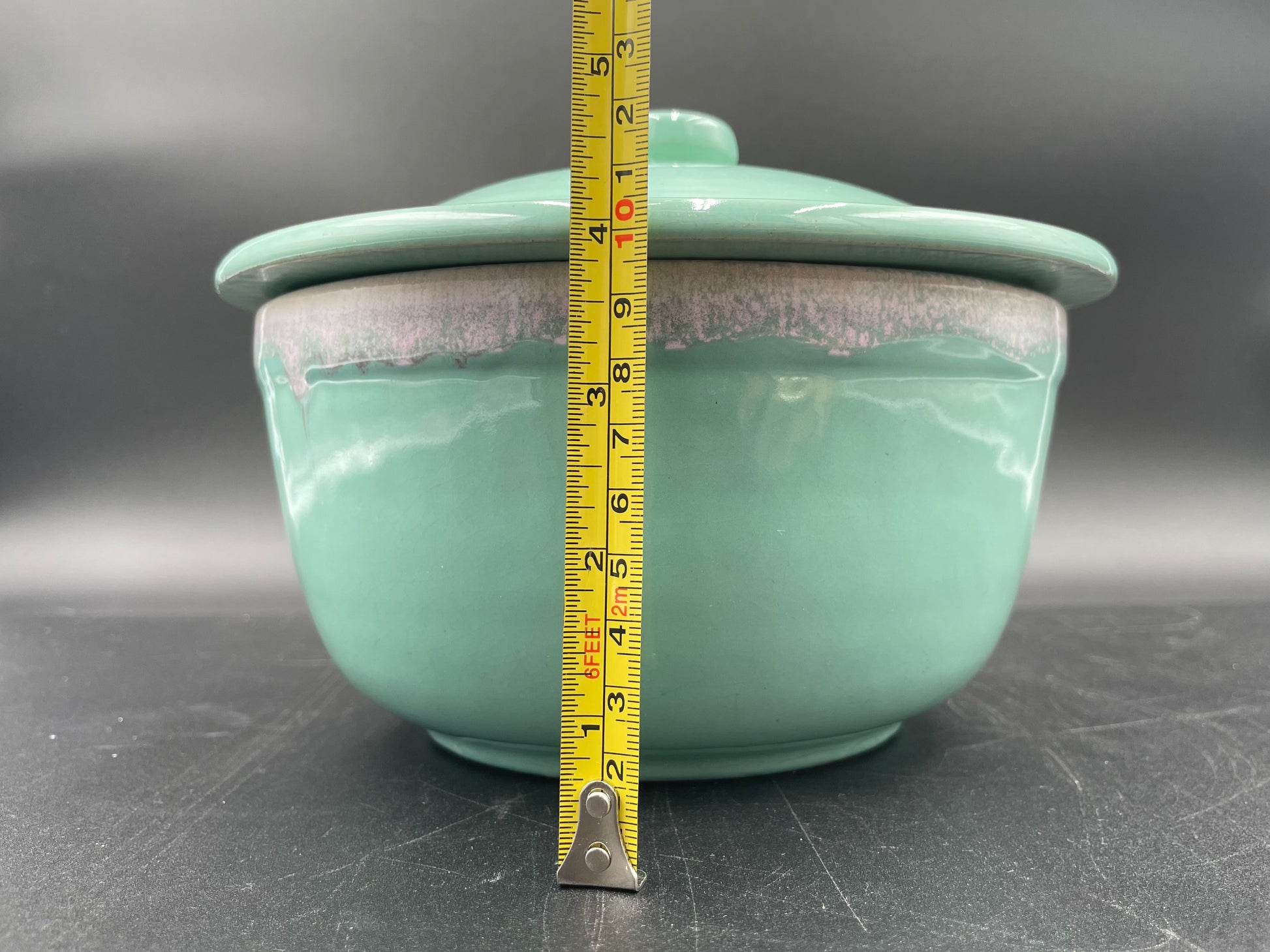 MCM Glossy Mint Green White Drip Glaze Ceramic
Casserole Dish with
Lid 7.5" - Vintosh Vintage
