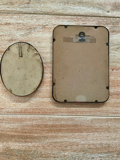 Set of Two Antique Glass Picture Frames of Sunset Stream Birch Tree & Log Cabin in Meadow - Vintosh Vintage