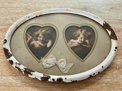Antique Pink Metal Oval Frame w/ Cupid Awake & Cupid Asleep Heart Shape Sage Matte - Vintosh Vintage