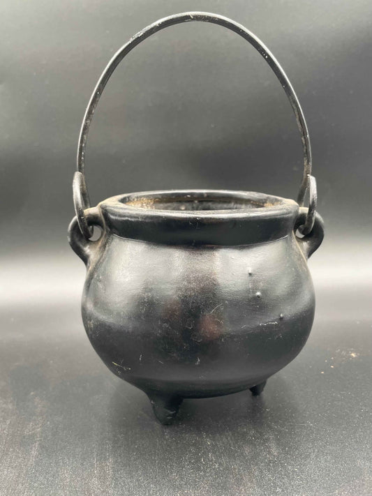 Vintage Ceramic Cauldron Pot Witches Kettle Decor Black Gloss Finish Planter w/ Metal
Handle USA