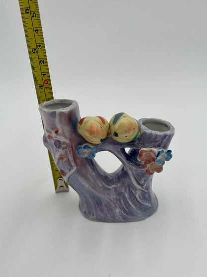 Vintage Porcelain 
Parakeet Double Bud Purple Flower Vase Japan