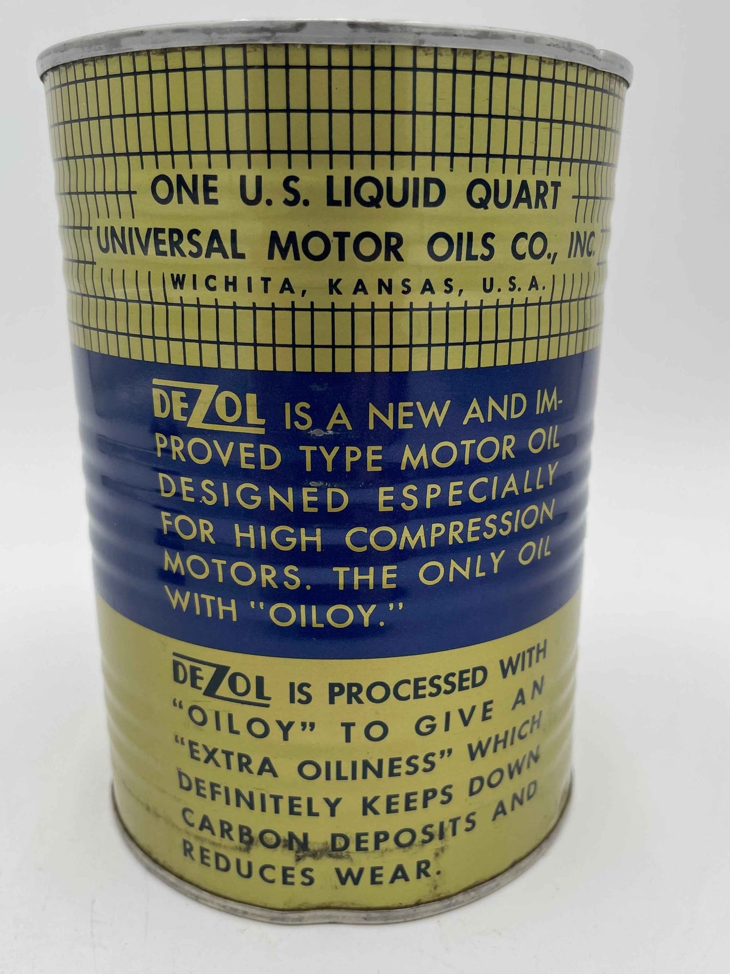 Vintage DeZol Motor Oil 1 Quart Metal Can Universal Motor Oils
Co Wichita Kansas - Full