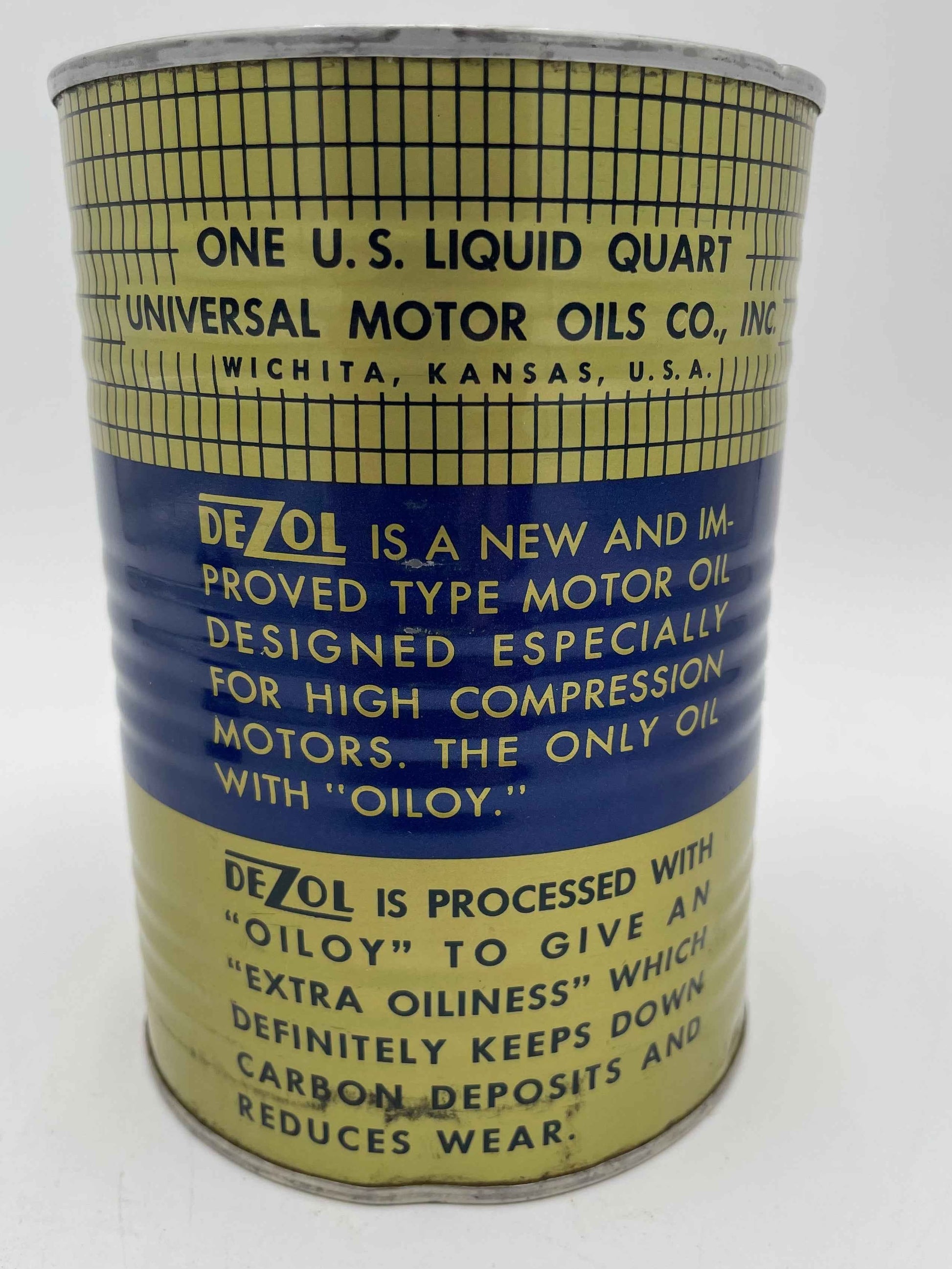 Vintage DeZol Motor Oil 1 Quart Metal Can Universal Motor Oils
Co Wichita Kansas - Full