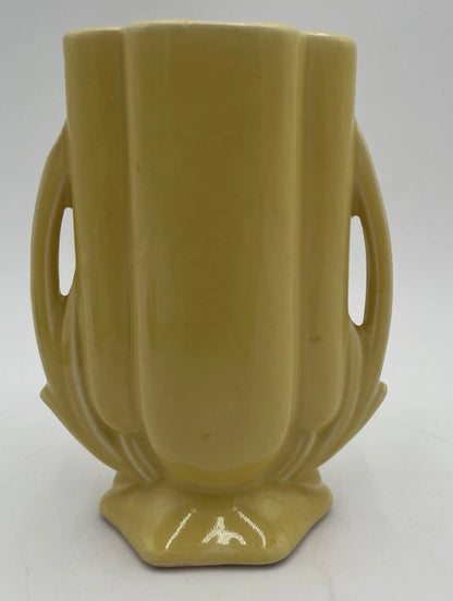 1940s McCoy 5.5" Art Deco Double Handled Yellow Glaze Bud Vase #105 - Vintosh Vintage