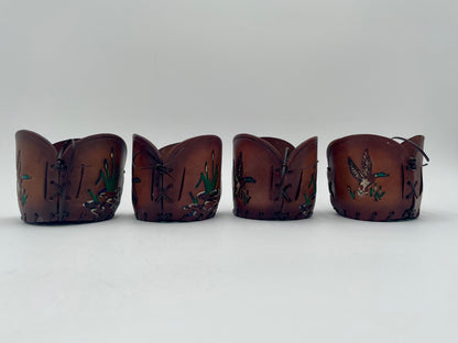 Vintage Set of 4
Highball Drinking Glass Tooled Leather Holder
Mallard Ducks