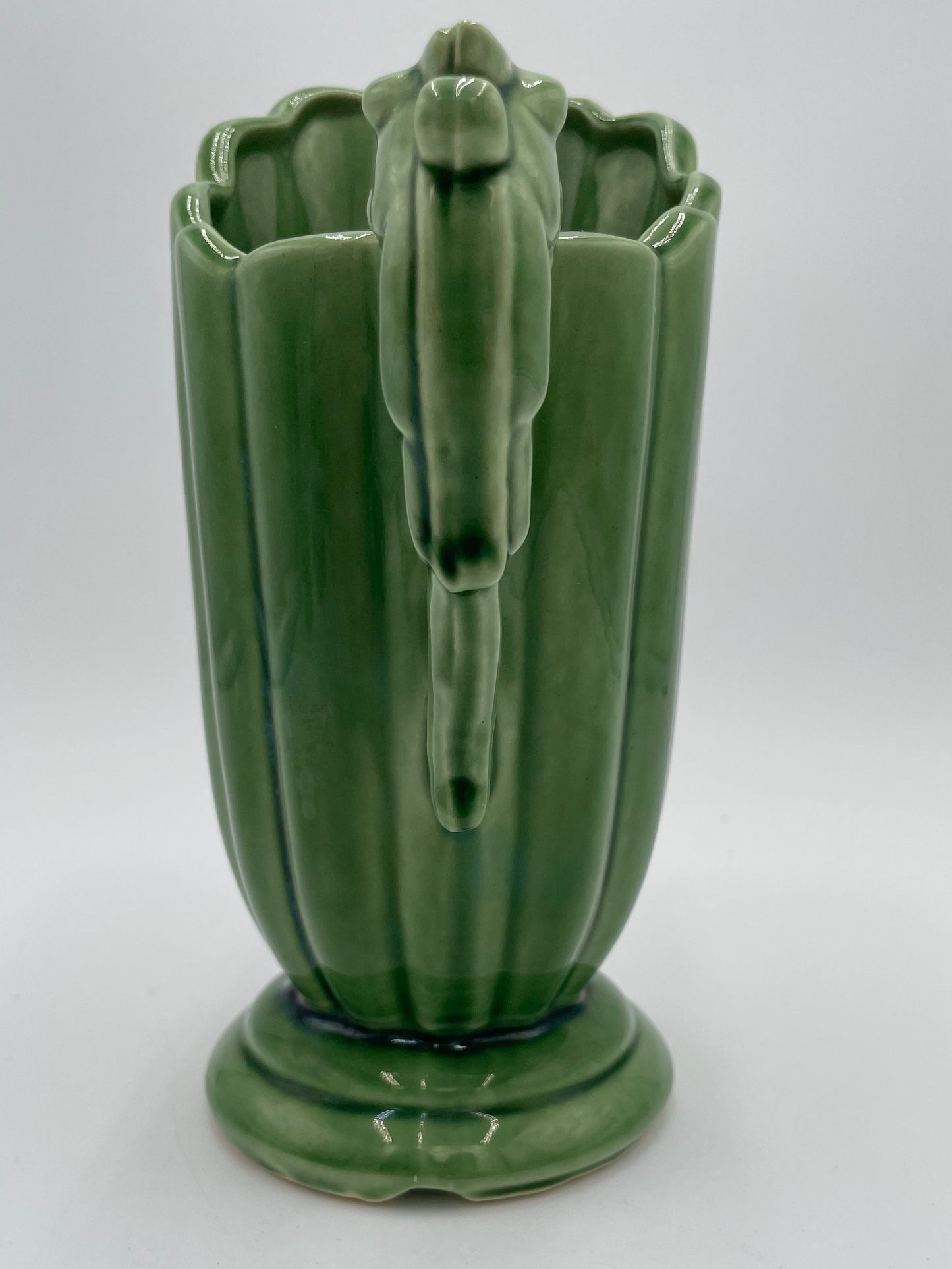 Vintage SHAWNEE Pottery Fluted Green Glazed Pitcher Vase with
Dolphin/Fish Handle USA - Vintosh Vintage