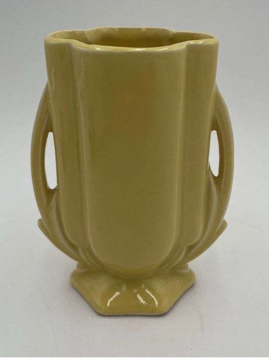 1940s McCoy 5.5" Art Deco Double Handled Yellow Glaze Bud Vase #105 - Vintosh Vintage