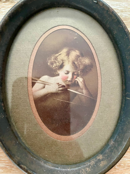 Antique Cupid Asleep Cupid Awake Prints In Double Oval Frame w/Chain - Vintosh Vintage
