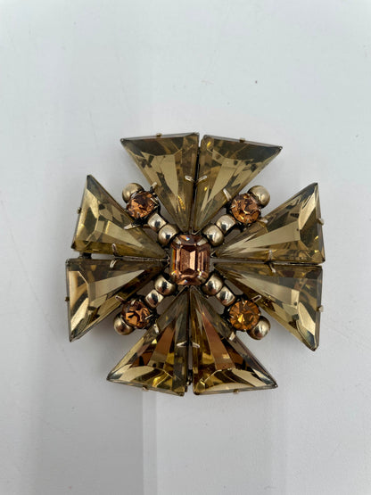 1960s Maltese Cross Style Amber Toned Crystals Set in Gold Plated Metal Brooch &
Pendant - Vintosh Vintage