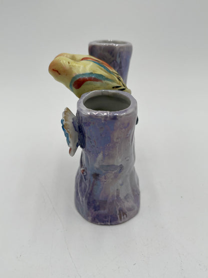 Vintage Porcelain 
Parakeet Double Bud Purple Flower Vase Japan