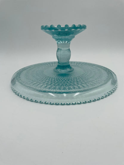 1950s Jeanette Glass Harp Ice Blue Diamond 10" Pedestal Cake Plate Stand Beaded Edge