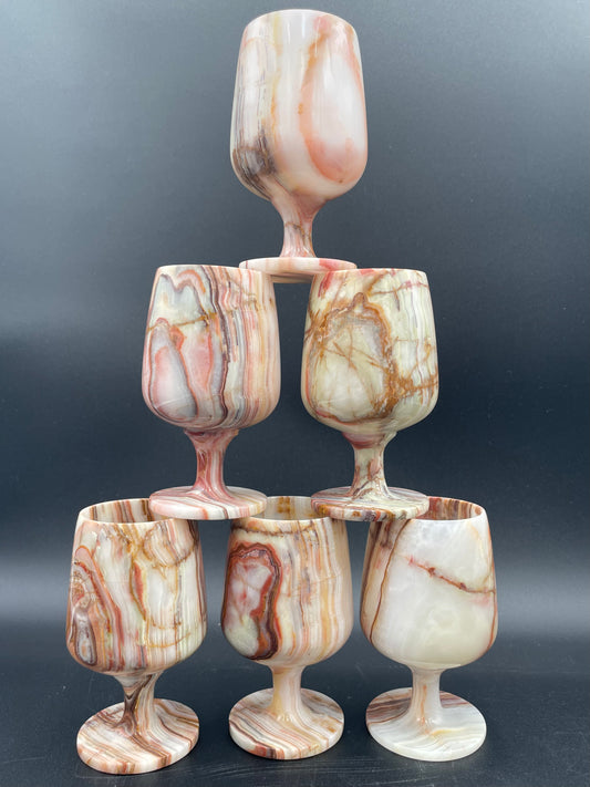 Vintage 5" Handcrafted Marble Onyx Stone Wine Goblets - Set of 6 - Vintosh Vintage