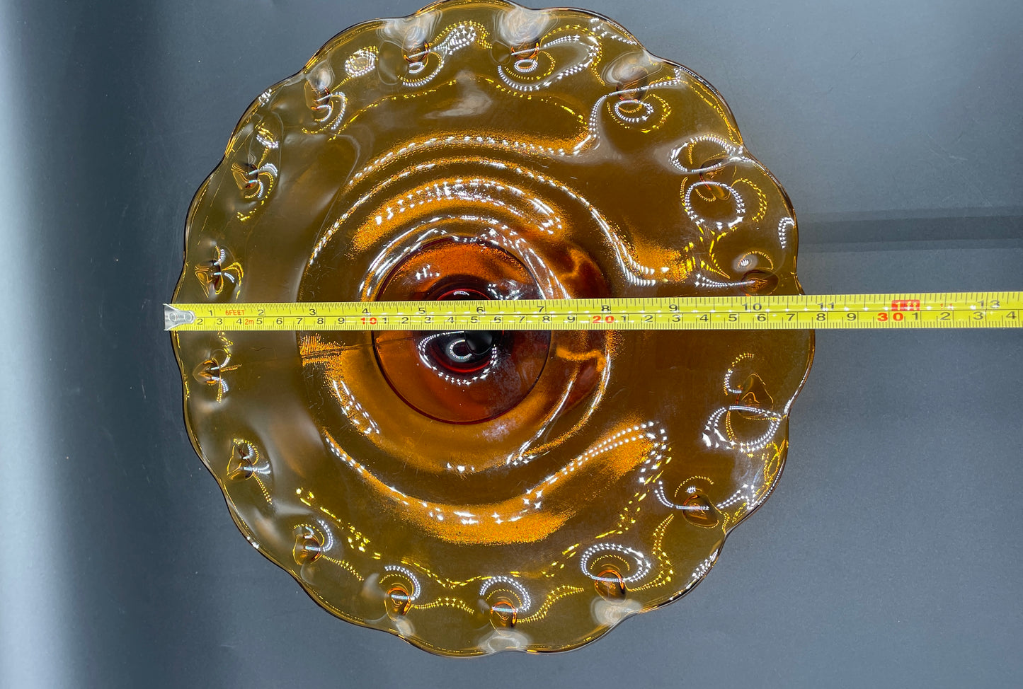 1960s Amber Glass Teardrop Pedestal Cake Stand Indiana Glass Company 11"