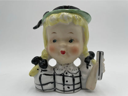 1950s Royal Sealy Head Vase Blond Girl w/ Pigtails & Plaid Dress Japan 4.75" - Vintosh Vintage