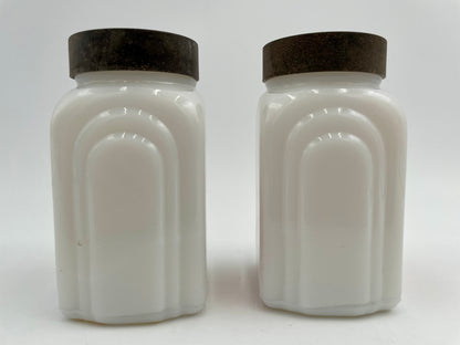 1930s McKee Milk Glass Red Sailboat Roman Arch Salt & Pepper Shaker Set - Vintosh Vintage