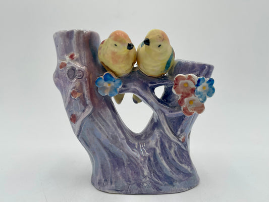 Vintage Porcelain 
Parakeet Double Bud Purple Flower Vase Japan