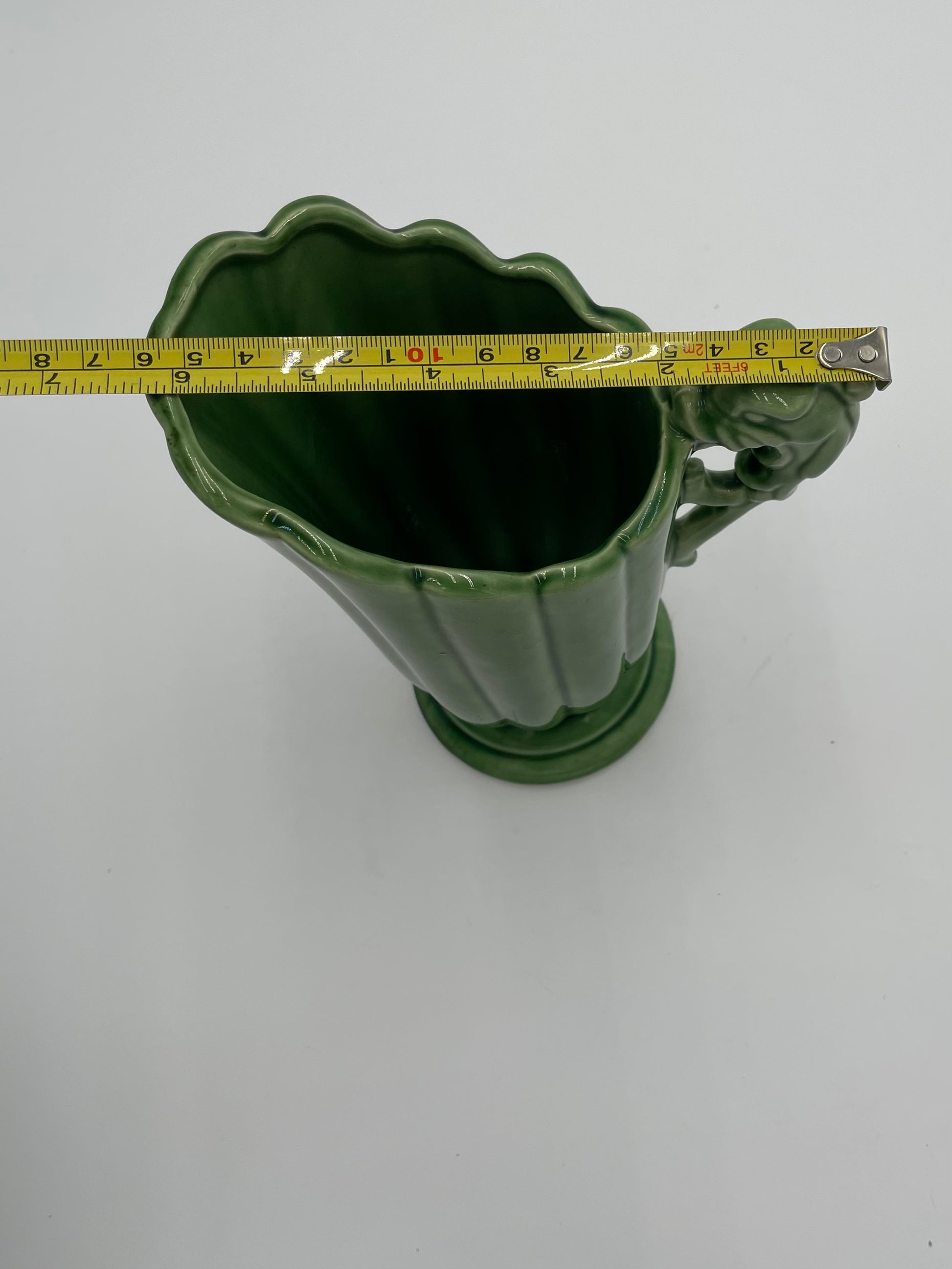 Vintage SHAWNEE Pottery Fluted Green Glazed Pitcher Vase with
Dolphin/Fish Handle USA - Vintosh Vintage
