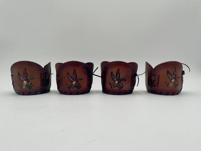 Vintage Set of 4
Highball Drinking Glass Tooled Leather Holder
Mallard Ducks