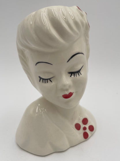 1950s Glamour Girl 5.25"
Head Vase White w/ Hand Painted Red Lips & Flowers - Vintosh Vintage