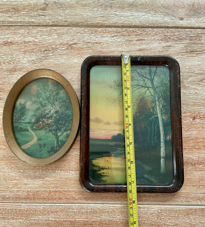 Set of Two Antique Glass Picture Frames of Sunset Stream Birch Tree & Log Cabin in Meadow - Vintosh Vintage