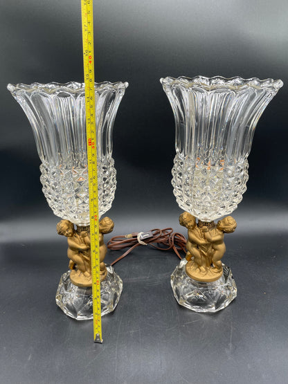 Two Vintage Heavy Brass Cherub Table Lamps Crystal Base & Shade 14.5" Tall