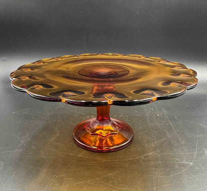 1960s Amber Glass Teardrop Pedestal Cake Stand Indiana Glass Company 11"