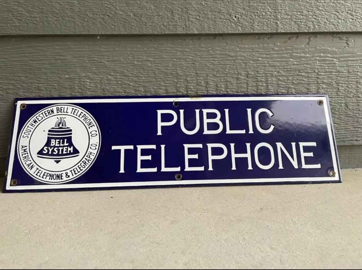 SOUTHWESTERN BELL
AMERICAN TELEPHONE & TELEGRAPH CO.
PUBLIC TELEPHONE PORCELAIN METAL
SIGN