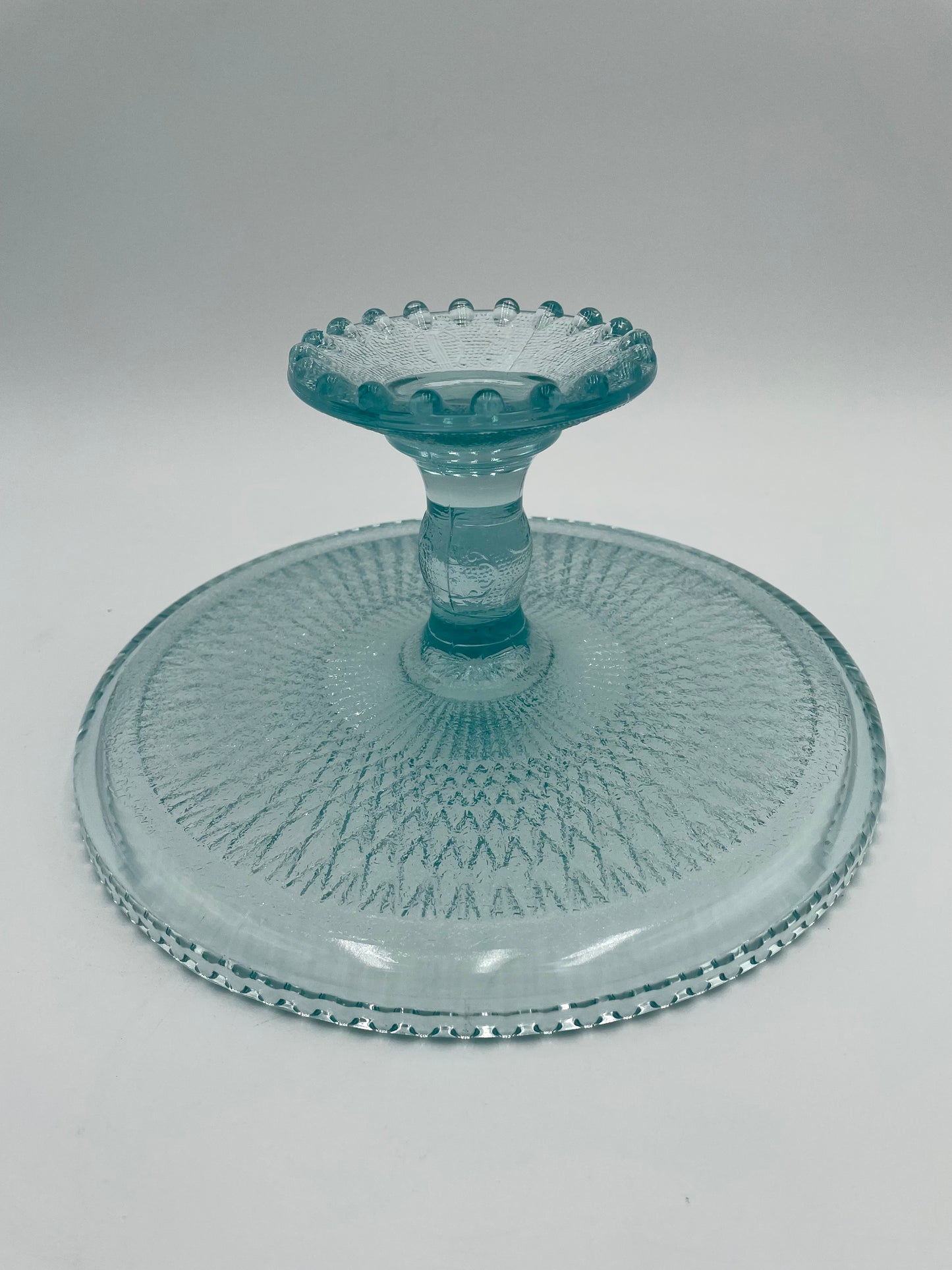 1950s Jeanette Glass Harp Ice Blue Diamond 10" Pedestal Cake Plate Stand Beaded Edge
