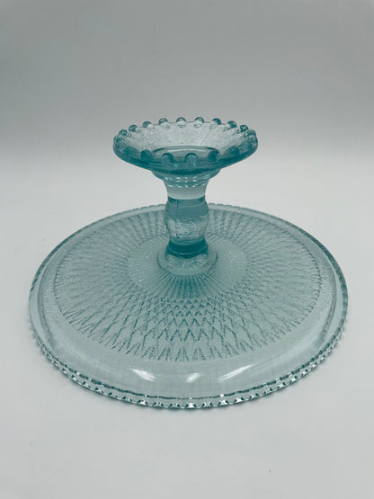 1950s Jeanette Glass Harp Ice Blue Diamond 10" Pedestal Cake Plate Stand Beaded Edge
