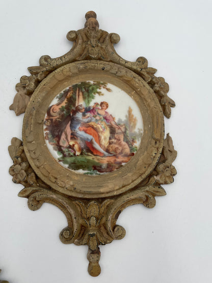 Three Antique Porcelain
Victorian Scenes w/ Ornate Metal Wall Frame by SD Baker-Samson China - Vintosh Vintage