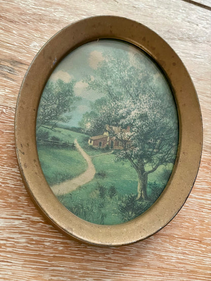 Set of Two Antique Glass Picture Frames of Sunset Stream Birch Tree & Log Cabin in Meadow - Vintosh Vintage