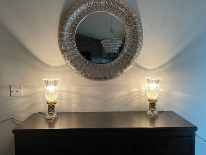 Two Vintage Heavy Brass Cherub Table Lamps Crystal Base & Shade 14.5" Tall