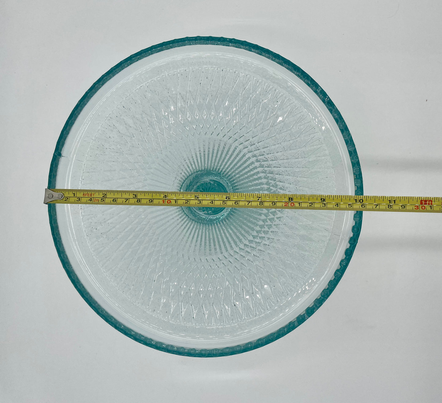 1950s Jeanette Glass Harp Ice Blue Diamond 10" Pedestal Cake Plate Stand Beaded Edge