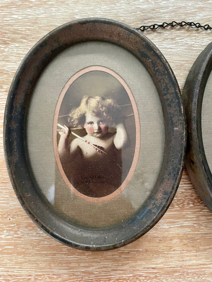 Antique Cupid Asleep Cupid Awake Prints In Double Oval Frame w/Chain - Vintosh Vintage
