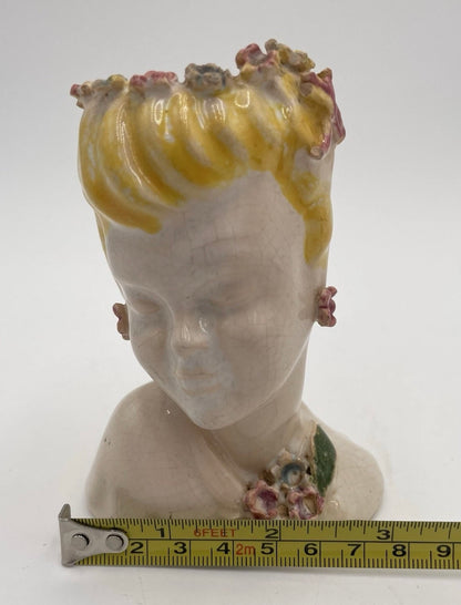 1950s Porcelain Lady Head Vase 4.5" Blonde Floral Headband & Earrings - Vintosh Vintage