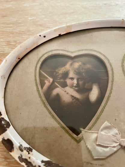 Antique Pink Metal Oval Frame w/ Cupid Awake & Cupid Asleep Heart Shape Sage Matte - Vintosh Vintage