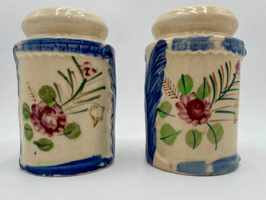 Vintage Large Ceramic Salt & Pepper Shakers Hand Painted Floral & Cobalt Blue - Japan